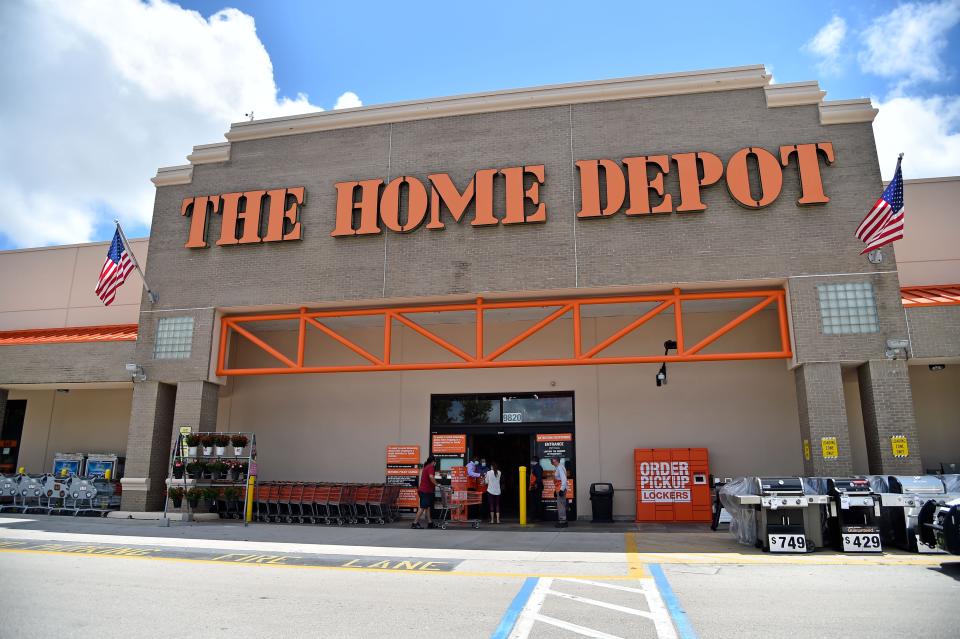 May 29, 2020; Boca Raton, Florida, USA; A general view of the entrance to the Home Depot store in Boca Raton Florida prior to the arrival of Governor Ron DeSantis (not pictured). Mandatory Credit: Jasen Vinlove-USA TODAY NETWORK