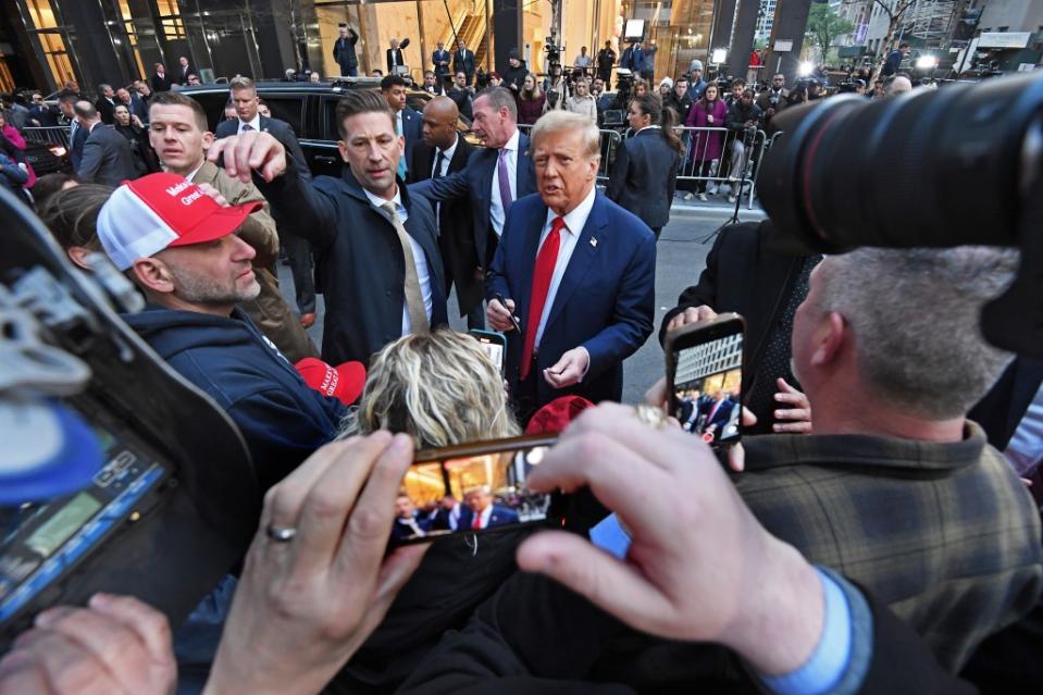 Donald Trump speaks with construction workers at the construction site of the new JPMorgan Chase headquarters in Midtown Manhattan, Thursday, April 25, 2024, in New York. Matthew McDermott