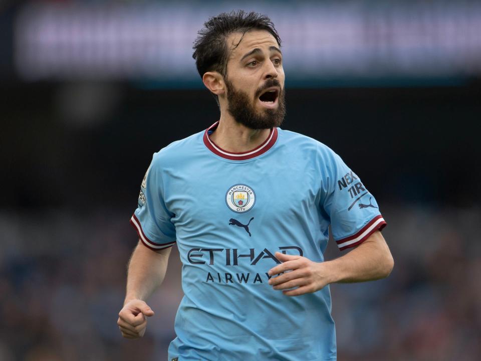 Bernardo Silva of Manchester City in action during the Premier League match between Manchester City and Brighton & Hove Albion at Etihad Stadium.