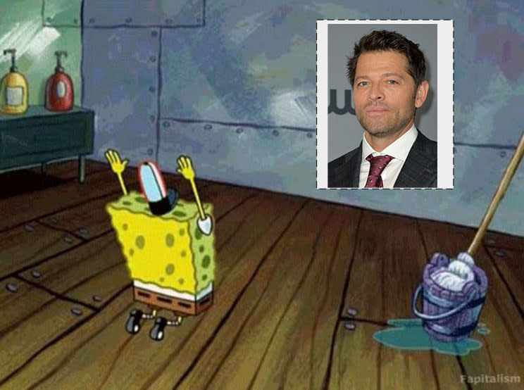 SpongeBob SquarePants bowing down to a photoshopped image of Misha