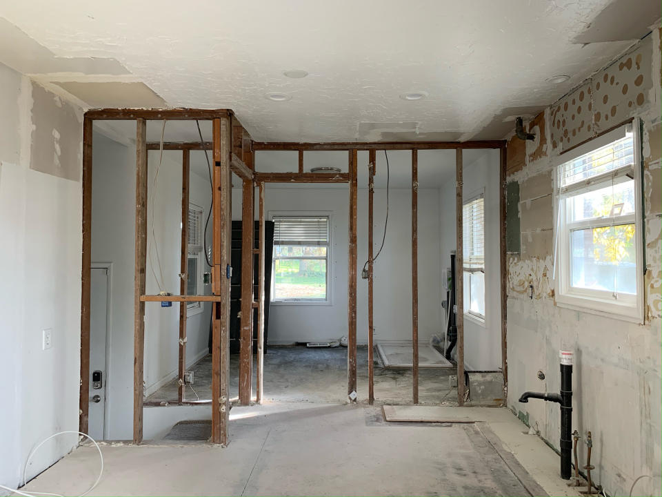 Aubrey Bennion's kitchen after demolition. Bennion said long periods of time would go between work.  (Aubry Bennion)