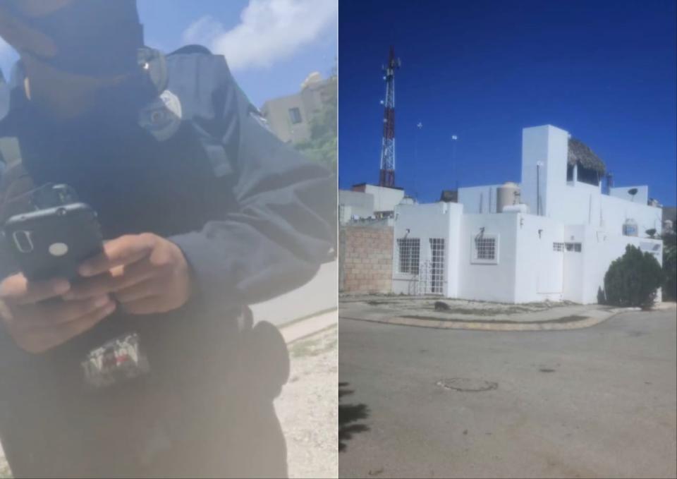 Side-by-side photos of a police officer taking a report from Vianey Souquette and Ross Lonsdof and a picture of the Airbnb where they were staying.