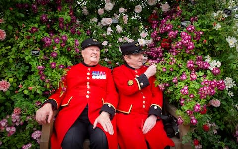 Chelsea Pensioners admire the flowers in the Great Pavillion  - Credit: Elliott Franks