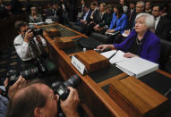 FILE - In this Sept. 28, 2016, file photo Federal Reserve Board Chair Janet Yellen prepares to testify on Capitol Hill in Washington before the House Financial Services Committee. (AP Photo/Pablo Martinez Monsivais, File)