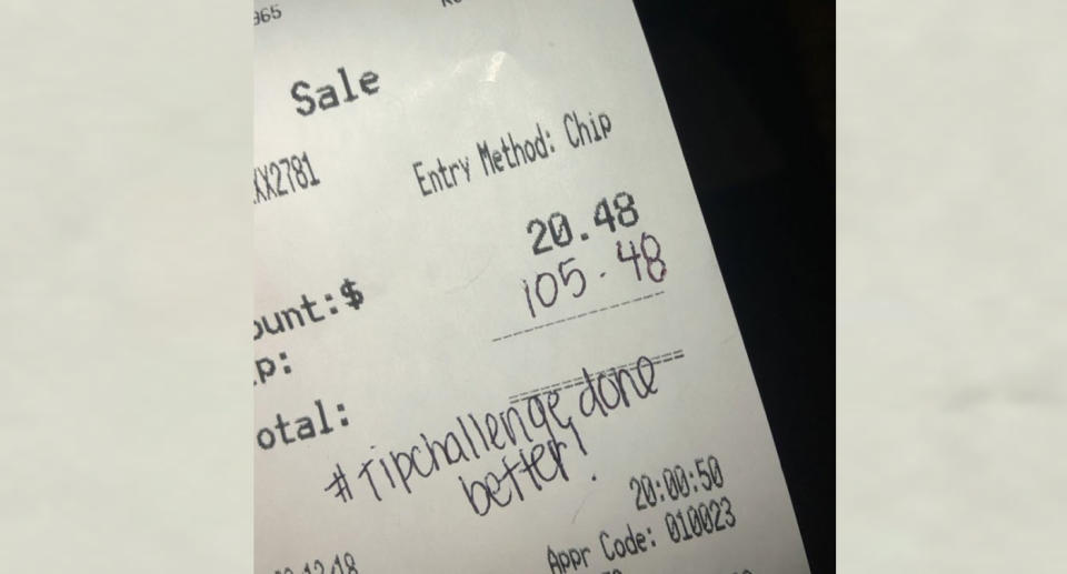 Some people are upping the ante by leaving tip amounts of 500 per cent with the hash tag #tipchallengedonebetter. Source: Twitter/Destiny Rose