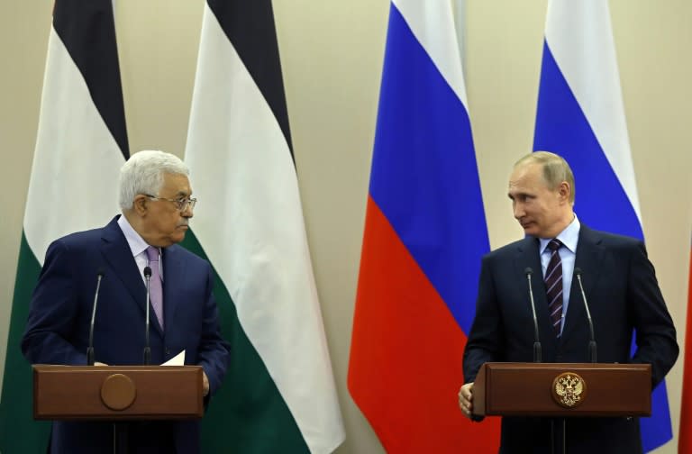 Palestinian leader Mahmud Abbas, pictured here with Vladimir Putin in May 2017, is seeking the Russian president's support following Washington's recognition of Jerusalem as Israel's capital