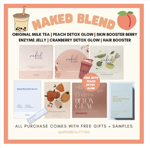 Naked Blend Low Calorie Milk Tea, Peach Detox Glow, Skin Booster, Berry Enzyme Jelly. PHOTO: Lazada