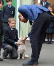 <p>Prince Harry pets Winnie, the head teacher's dog, at St Vincent’s Catholic Primary School.</p>