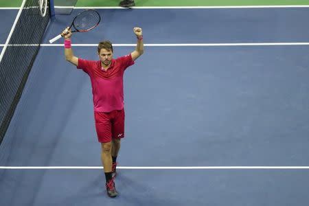 Sep 9, 2016; New York, NY, USA; Stan Wawrinka of Switzerland celebrates the win against Kei Nishikori of Japan in four sets on day twelve of the 2016 U.S. Open tennis tournament at USTA Billie Jean King National Tennis Center. Mandatory Credit: Anthony Gruppuso-USA TODAY Sports