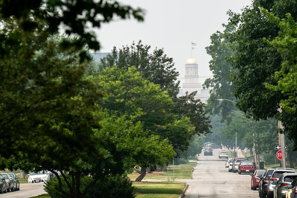 The University of Iowa's Old Capitol Building is seen shrouded in smoke from wildfires in Canada, Wednesday, June 28, 2023, in Iowa City, Iowa.