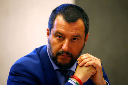 FILE PHOTO: Italy's Interior Minister Matteo Salvini looks on during the news conference at the Viminale in Rome, Italy, June 20, 2018. REUTERS/Stefano Rellandini