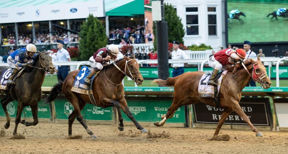 At 80-1 odds, Rich Strike (21), with Sonny Leon aboard, won the 148th running of the Kentucky Derby in 2022. Grace Ramey