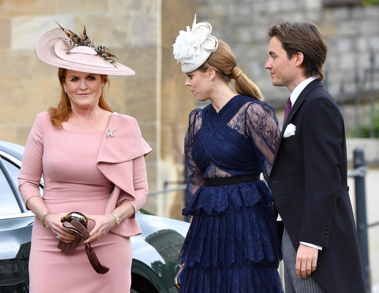 WINDSOR, UNITED KINGDOM - MAY 18: (EMBARGOED FOR PUBLICATION IN UK NEWSPAPERS UNTIL 24 HOURS AFTER CREATE DATE AND TIME) Sarah Ferguson, Duchess of York, Princess Beatrice and Edoardo Mapelli Mozzi attend the wedding of Lady Gabriella Windsor and Thomas Kingston at St George's Chapel on May 18, 2019 in Windsor, England. (Photo by Pool/Max Mumby/Getty Images)