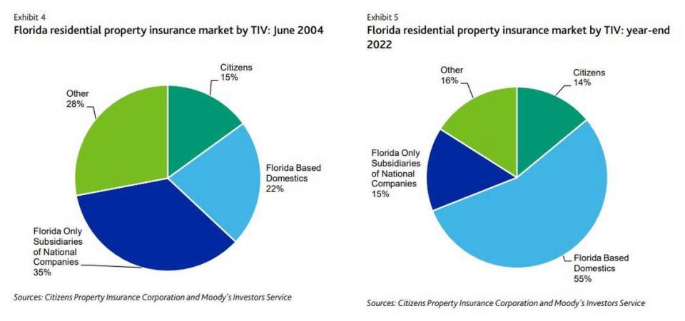 This chart from Moody’s Investors Service shows the rise of “Florida-based domestic” insurers, which are smaller, Florida-specific insurance companies that don’t have as much cash to fall back on as their larger, national peers.