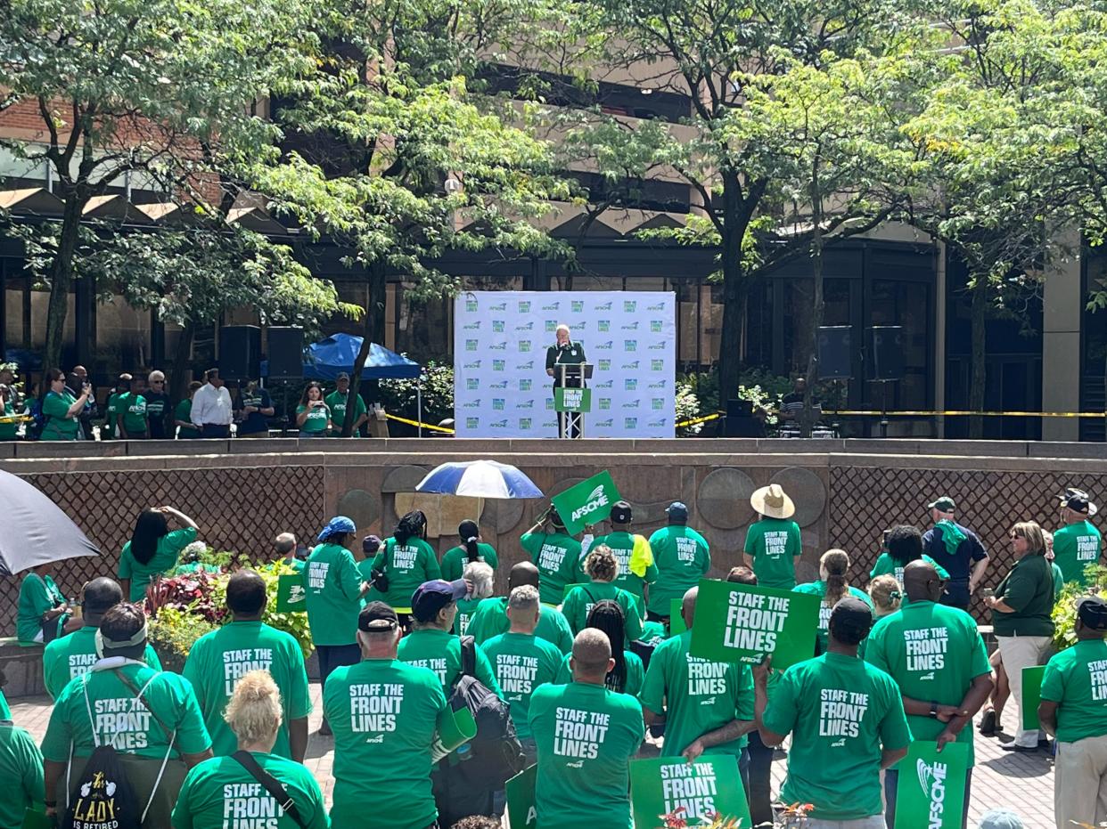 Ohio native and AFSCME President Lee Saunders addressed the crowd at the 'Staff the Front Lines' rally in Sensenbrenner Park.