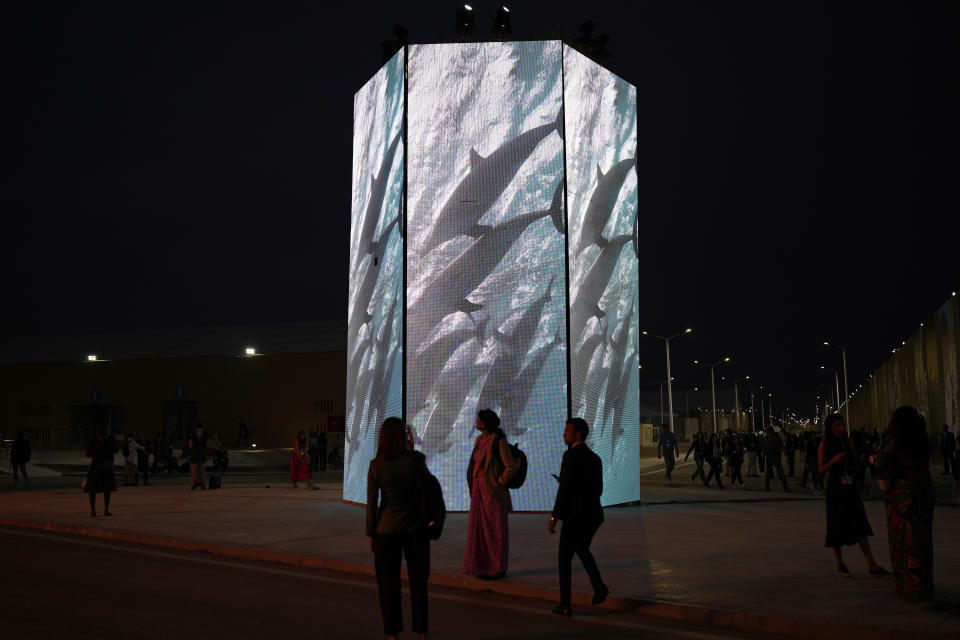 Attendees walk near a screen displaying dolphins at the COP27 U.N. Climate Summit, Thursday, Nov. 17, 2022, in Sharm el-Sheikh, Egypt. (AP Photo/Peter Dejong)