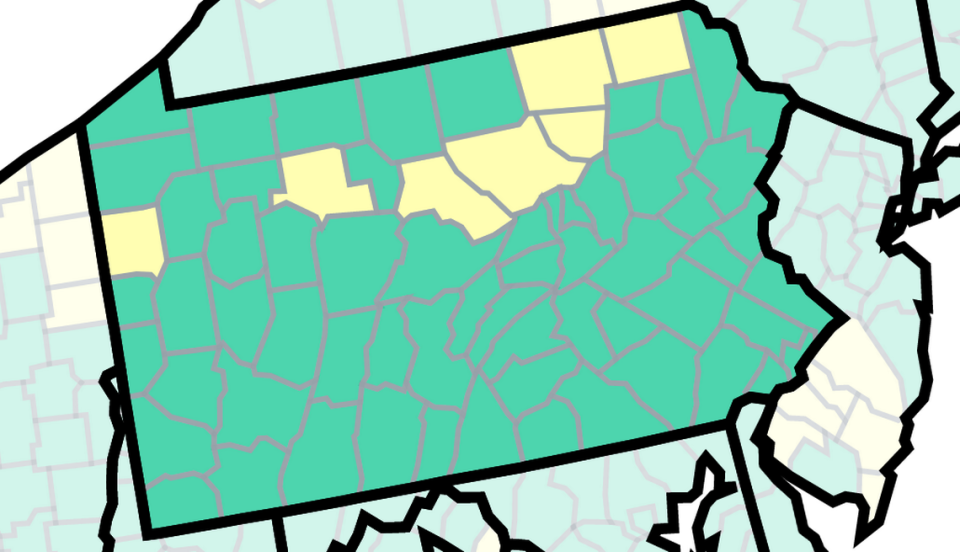 This map of Pennsylvania from the U.S. Centers for Disease Control and Prevention shows the COVID-19 community levels by county as of March 17, 2023. The green counties are at low and the yellow at medium. No counties are at high, orange.