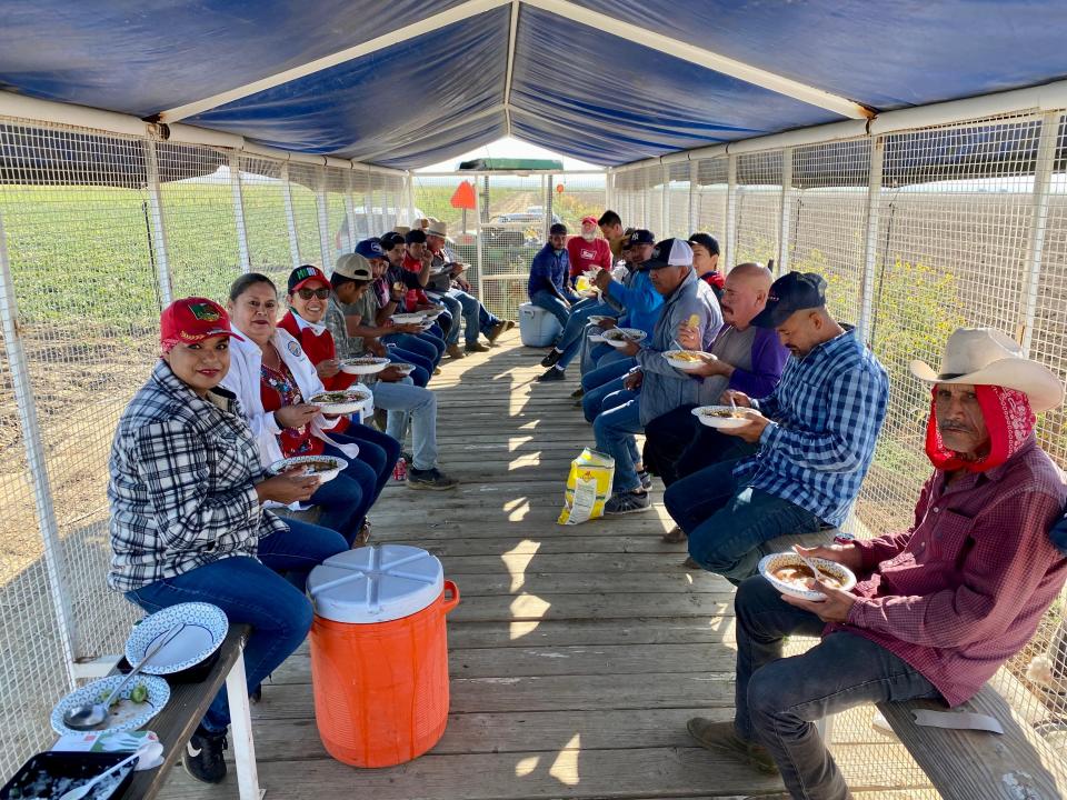 Farworkers rest in the shade of a "mobile breakroom" cotton-trailer unit. Rest, shade and water are key worker protections during harvest season.