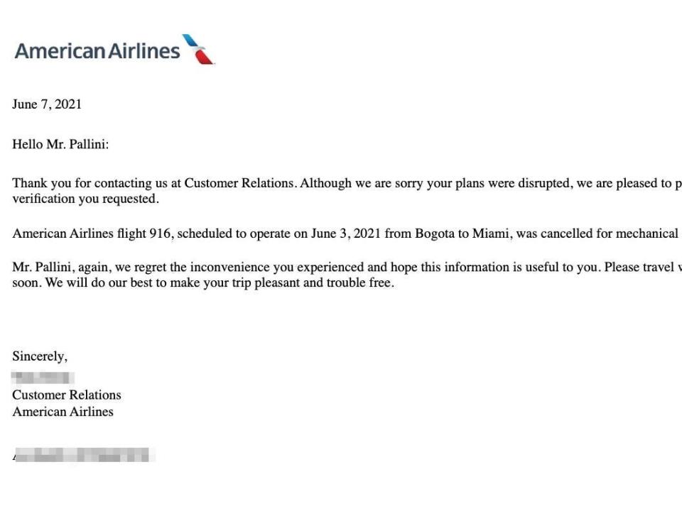 A screenshot of an email from American Airlines.