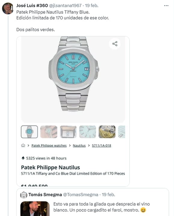 El Patek Philippe Nautilus Tiffany Blue cuesta casi 2 millones de pesos (Foto: capturaX/@jlsantana1967)