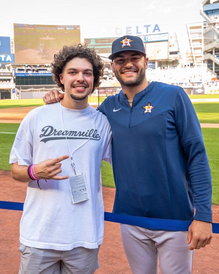 Former Exeter High School pitcher Dan Sarmiento, left, and Lance McCullers, a right-handed pitcher with the Houston Astros, are seen at Yankee Stadium in June 2022. McCullers stumbled upon Sarmiento'"The Show" in May when the Astros visited Boston for a series with the Red Sox.