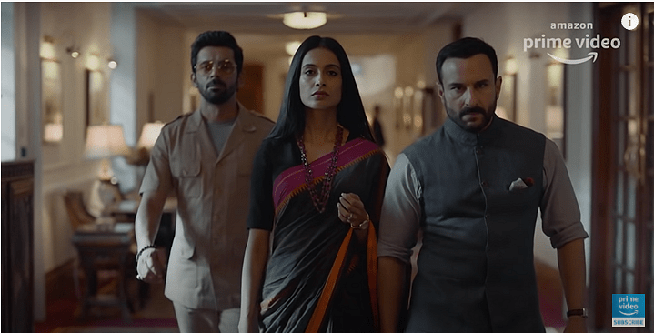 Mohammed Zeeshan Ayyub, Sarah-Jane Dias, and Saif Ali Khan in the trailer for <i>Tandav.</i>