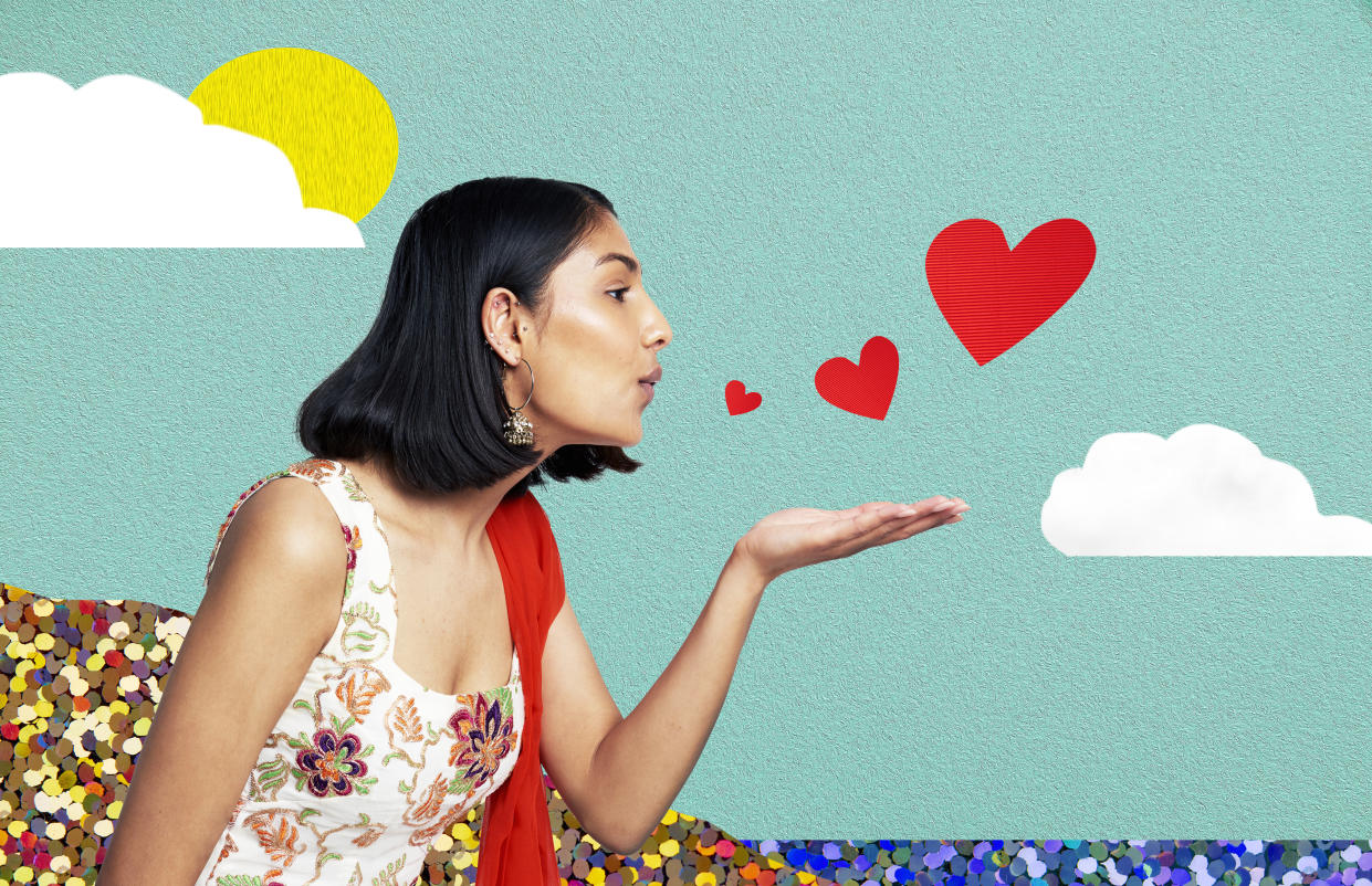 collage of Asian woman blowing love hearts with landscape in background Valentine's Day is celebrated in different ways around the world. (Getty)