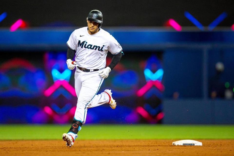 Miami Marlins base runner Alex Jackson (23) runs the bases after hitting his first career home run during the second inning of an MLB game against the New York Mets at loanDepot park in the Little Havana neighborhood of Miami, Florida, on Tuesday, August 3, 2021.