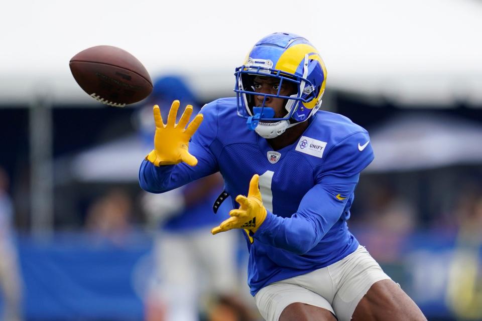 Los Angeles Rams wide receiver Allen Robinson II (1) participates in drills at the NFL football team's practice facility in Irvine, Calif. Thursday, Aug. 4, 2022. (AP Photo/Ashley Landis)