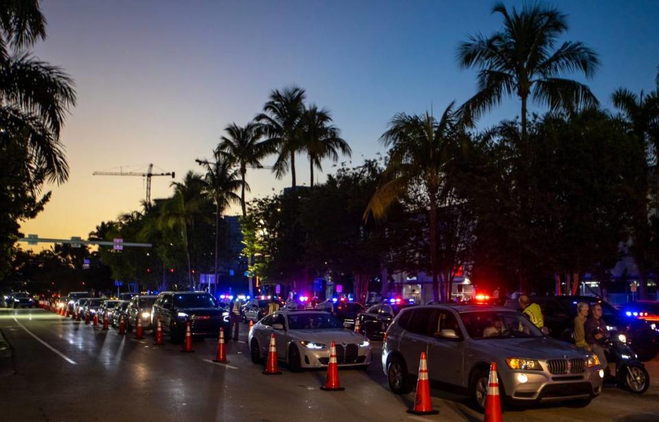 Motorists line up at a DUI checkpoint on Fifth Street between Meridian and Washington avenues during spring break in Miami Beach on March 25, 2023.