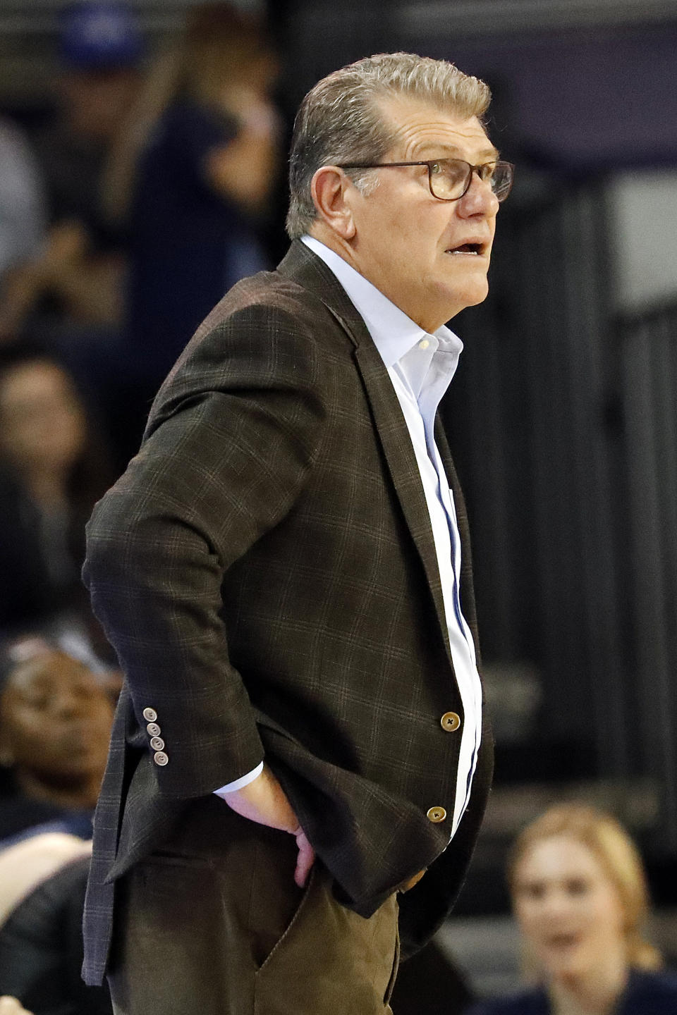 Connecticut head coach Geno Auriemma watches his team against East Carolina during the first half of an NCAA college basketball game, Saturday, Jan. 25, 2020 in Greenville, N.C. (AP Photo/Karl B DeBlaker)