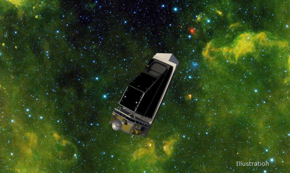 Telescopio espacial NEO Surveyor de la NASA. <a href="https://www.jpl.nasa.gov/images/pia25253-neo-surveyor-in-an-infrared-starfield-filled-with-asteroids-illustration" rel="nofollow noopener" target="_blank" data-ylk="slk:NASA/JPL-Caltech/University of Arizona;elm:context_link;itc:0;sec:content-canvas" class="link ">NASA/JPL-Caltech/University of Arizona</a>