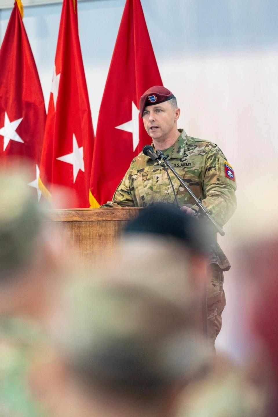 Maj. Gen. J. “Patrick” Work, commander of the 82nd Airborne Division, delivers remarks during a Dec. 15, 2023, transfer of authority ceremony from 10th Mountain Division "Task Force Mountain" to the 82nd's "Task Force 82", at Mihail Kogalniceanu Air Base, Romania.