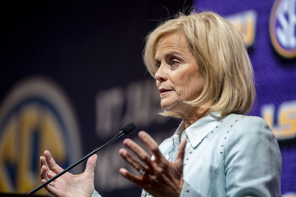 LSU women’s basketball head coach Kim Mulkey is ready to lead to reigning champion Tigers through another season. (Marvin Gentry-USA TODAY Sports).