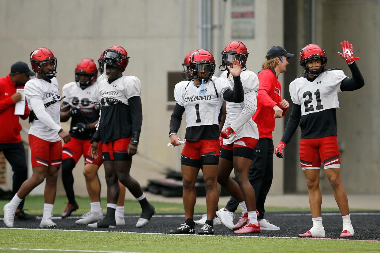 Cincinnati Bearcats wide receiver Tre Tucker sets up for a drill during a spring practice at Nippert Stadium in Cincinnati on Thursday, March 24, 2022.