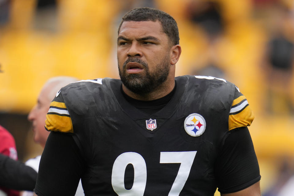 Pittsburgh Steelers defensive tackle Cameron Heyward (97) warm ups before an NFL football game against the San Francisco 49ers in Pittsburgh, Sunday, Sept. 10, 2023. (AP Photo/Gene J. Puskar)