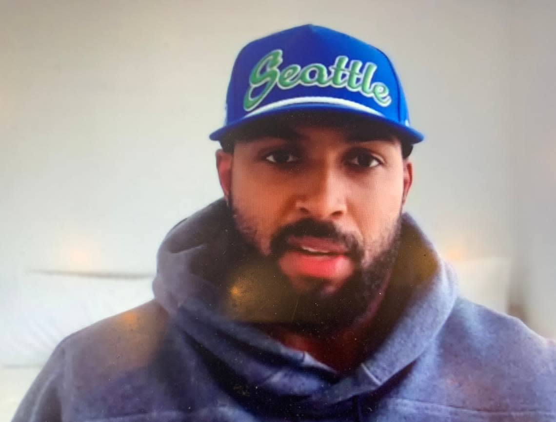 New Seahawks safety Julian Love speaking to Seattle-area reporters on an online Zoom call from his home in Chicago on April 6, 2023.