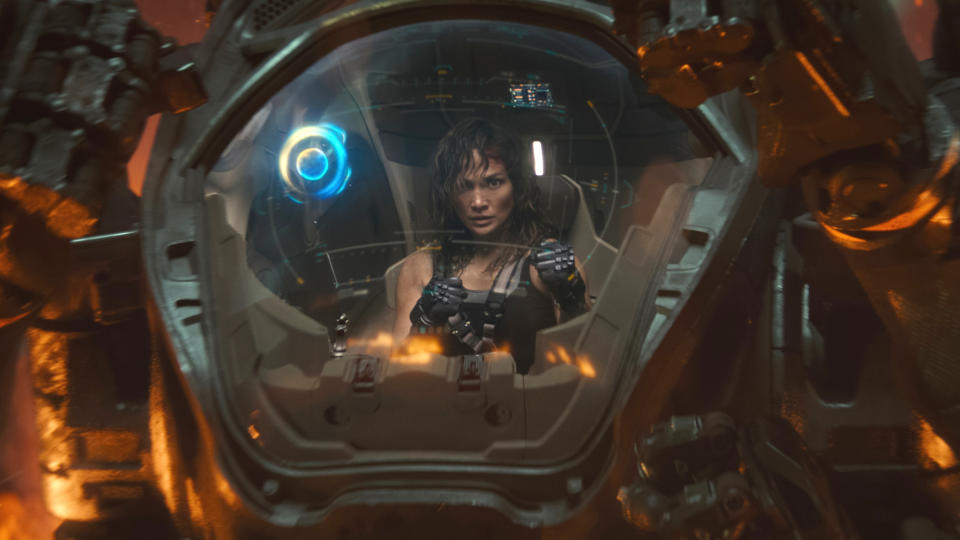 Jennifer Lopez leads the blockbuster sci-fi Atlas. (Netflix)