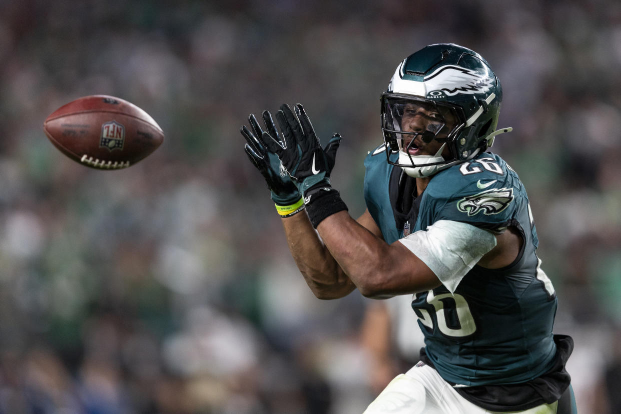 PHILADELPHIA, PENNSYLVANIA - SEPTEMBER 16: Saquon Barkley #26 of the Philadelphia Eagles attempts to complete a pass during an NFL football game between the Philadelphia Eagles and the Atlanta Falcons at Lincoln Financial Field on September 16, 2024 in Philadelphia, Pennsylvania. (Photo by Michael Owens/Getty Images)