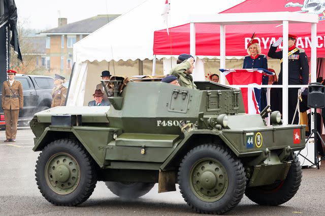 <p>Chris Jackson/WPA Pool/Getty</p> Queen Camilla views a Dingo armored vehicle from World War II during her visit to The Royal Lancers on April 22, 2024 in Catterick, England.