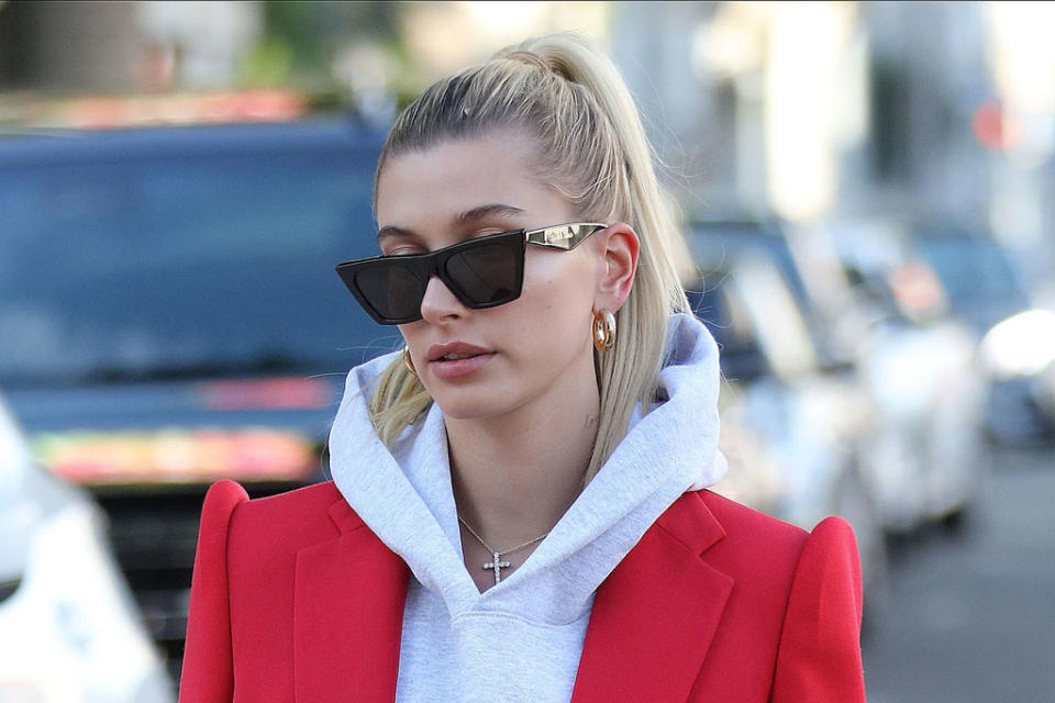 Hailey Baldwin, celebrities wearing nike air force 1 sneakers, street style, los angeles, pantsuit, balenciaga, celine sunglasses, celebrity style