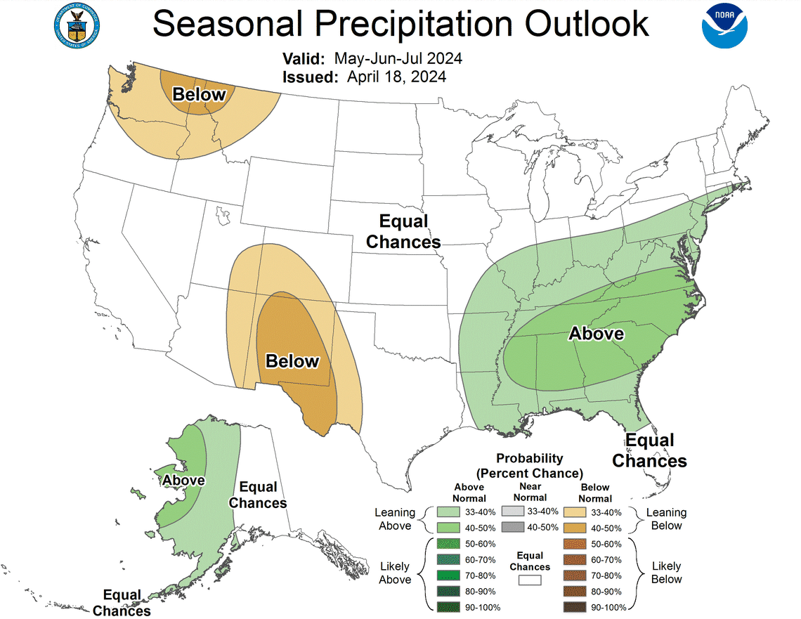 The three-month precipitation outlook from the Climate Prediction Center valid through May, June and July in 2024. Climate Prediction Center