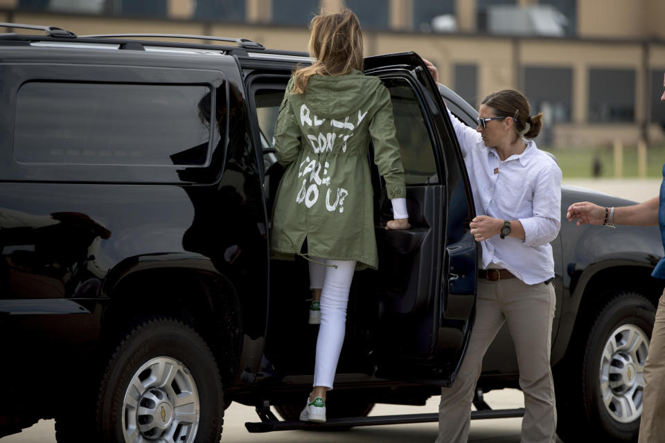 First lady Melania Trump arrives at Andrews Air Force Base, Md., Thursday, June 21, 2018, after visiting the Upbring New Hope Children Center run by the Lutheran Social Services of the South in McAllen, Texas. (AP Photo/Andrew Harnik)