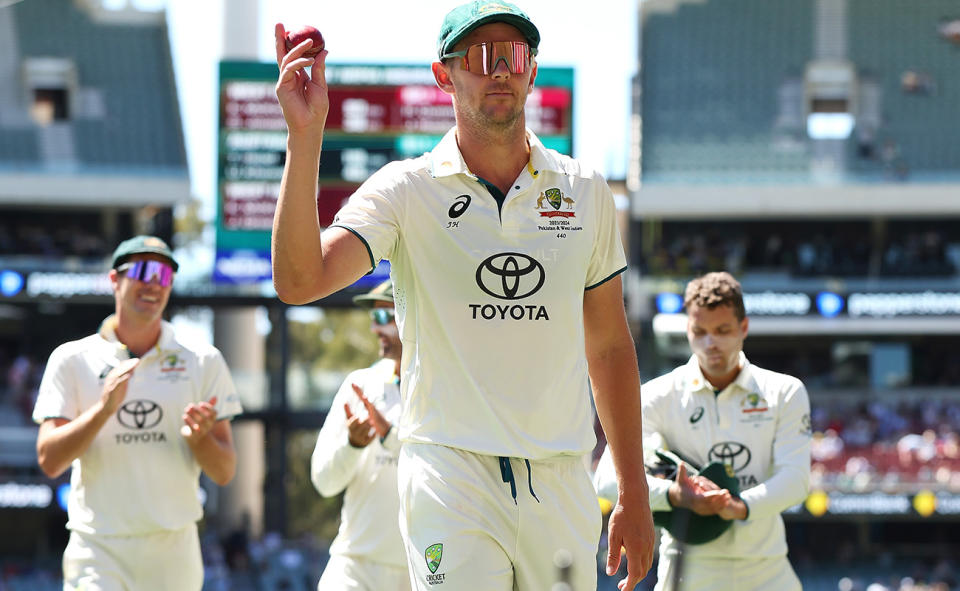 Josh Hazlewood, pictured here after taking nine wickers in the first Test against the West Indies.