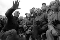 <p>Israel’s Deputy Prime Minister Yitzhak Navon, Prime Minister Shimon Peres (2nd R), Defence Minister Yitzhak Rabin (3rd R) are briefed by army Chief of Staff Moshe Levy (L) during a large scale military maneuver on Dec. 4, 1985. (REUTERS/Nati Harnik/GPO) </p>