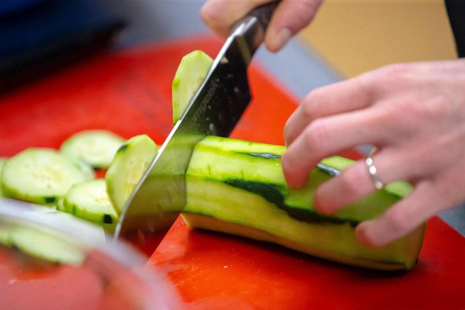 Woodford County Family & Consumer Sciences Extension Agent Elizabeth Coots cuts a cucumber for her livestream recipe how-to. Coots explained the basics of using a knife during he video.