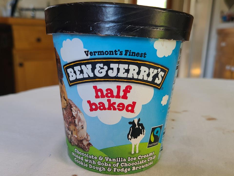 A carton of Ben & Jerry's half baked ice cream