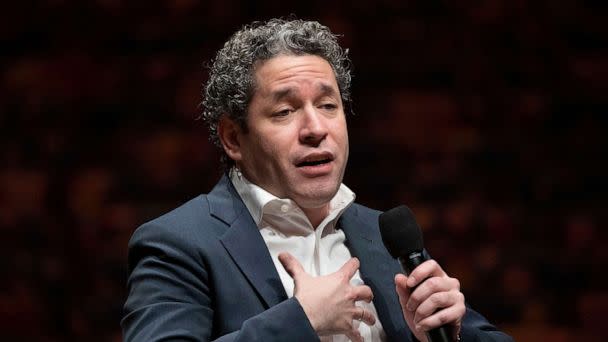 PHOTO: Gustavo Dudamel is introduced as the New York Philharmonic's 27th music and artistic director, Feb. 20, 2023, in the newly renovated David Geffen Hall at Lincoln Center for the Performing Arts in New York. (John Minchillo/AP)