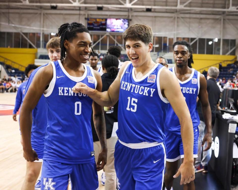 Reed Sheppard (15) and Rob Dillingham (0) celebrated during the Wildcats’ win in the GLOBL JAM on Thursday night. Kentucky improved to 2-0 in the tournament and now awaits its final round-robin game against Africa on Saturday.