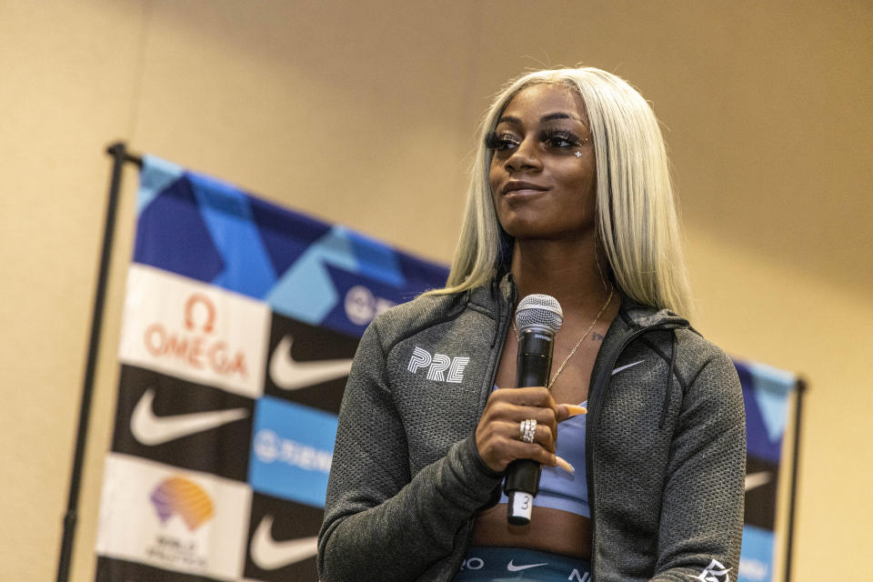 Sha'carri Richardson attends a news conference Friday, Aug. 20, 2021, a day before competing in the 100 meters at the Pre Classic track and field meet in Eugene, Ore. (AP Photo/Thomas Boyd)